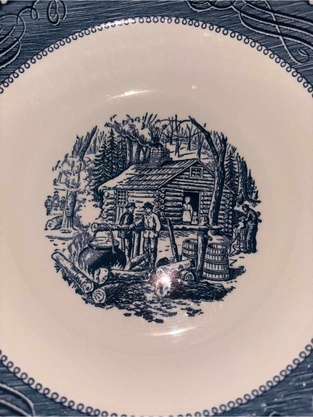 Vintage 1950’s Currier and Ives large serving bowl. Maple sugaring winter scene